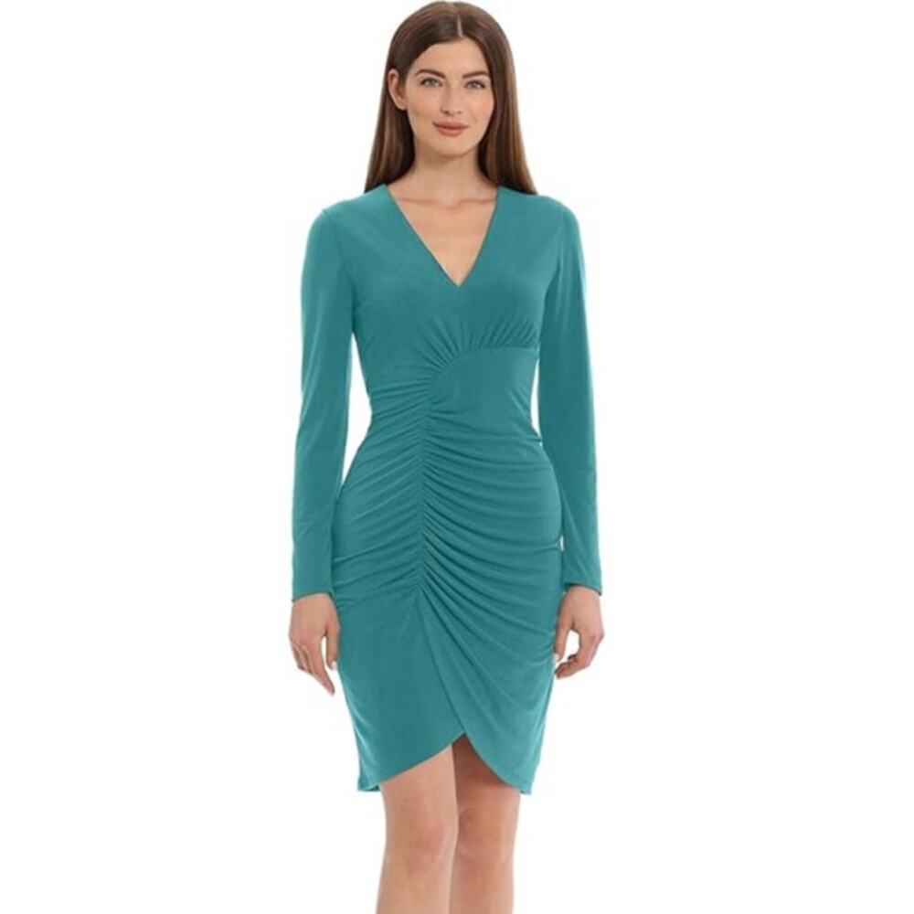 Maggy London Dress Curved Seam Shirred Long Sleeve Bodycon Green Blue NWT 16